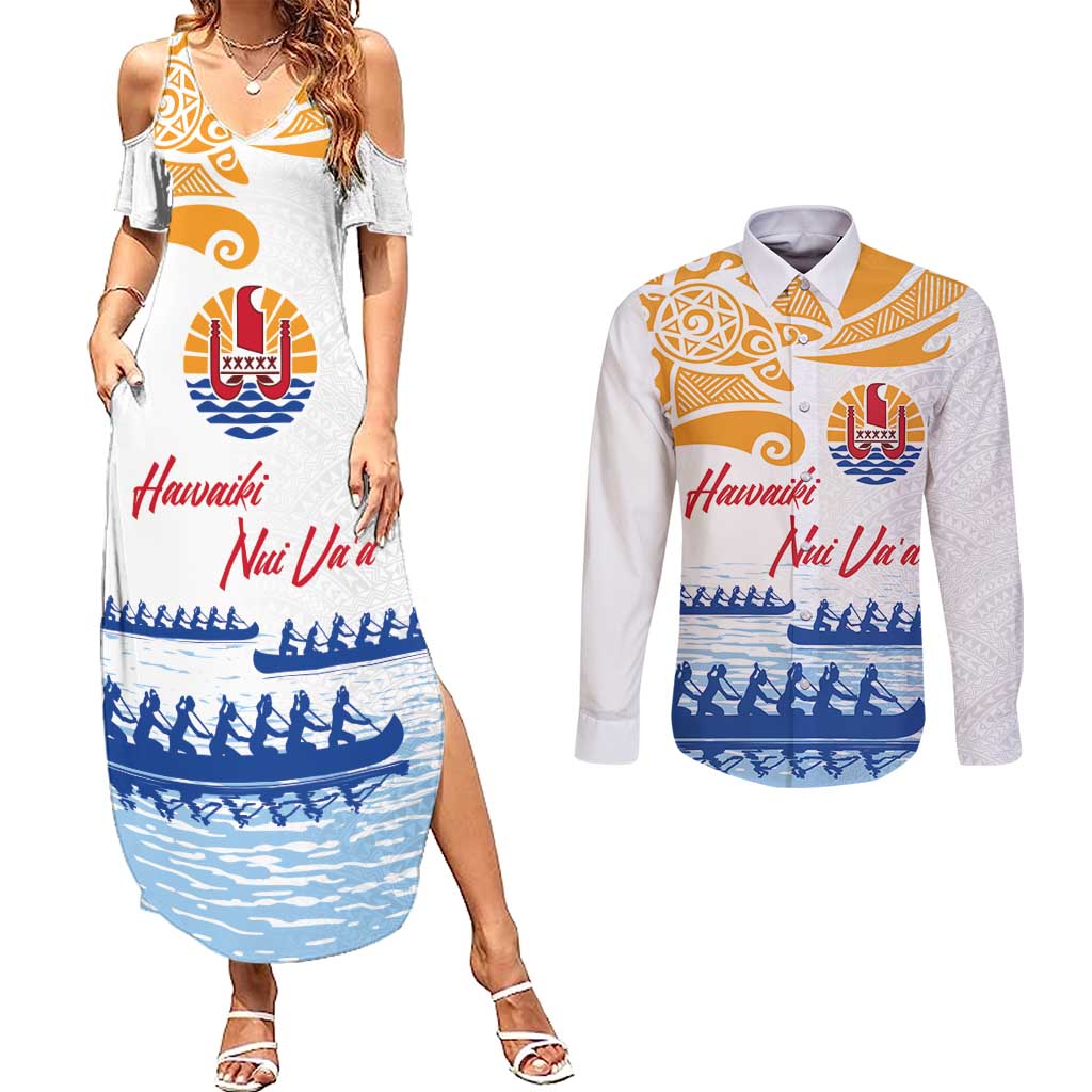 Personalised Hawaiki Nui Va'a French Polynesian Pattern Couples Matching Summer Maxi Dress and Long Sleeve Button Shirt White Color LT03 White - Polynesian Pride