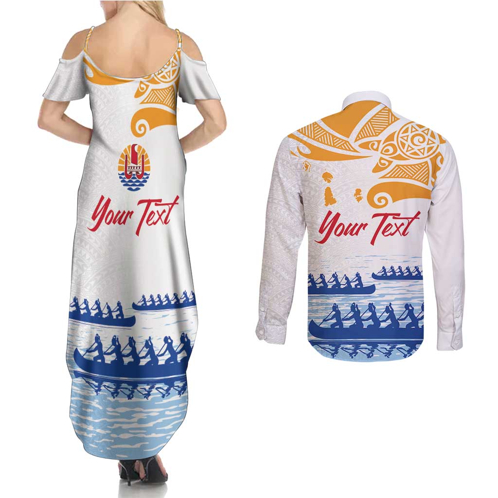 Personalised Hawaiki Nui Va'a French Polynesian Pattern Couples Matching Summer Maxi Dress and Long Sleeve Button Shirt White Color LT03 - Polynesian Pride