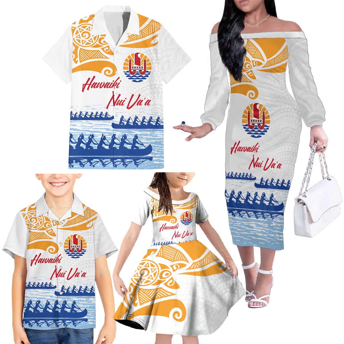 Personalised Hawaiki Nui Va'a French Polynesian Pattern Family Matching Off The Shoulder Long Sleeve Dress and Hawaiian Shirt White Color