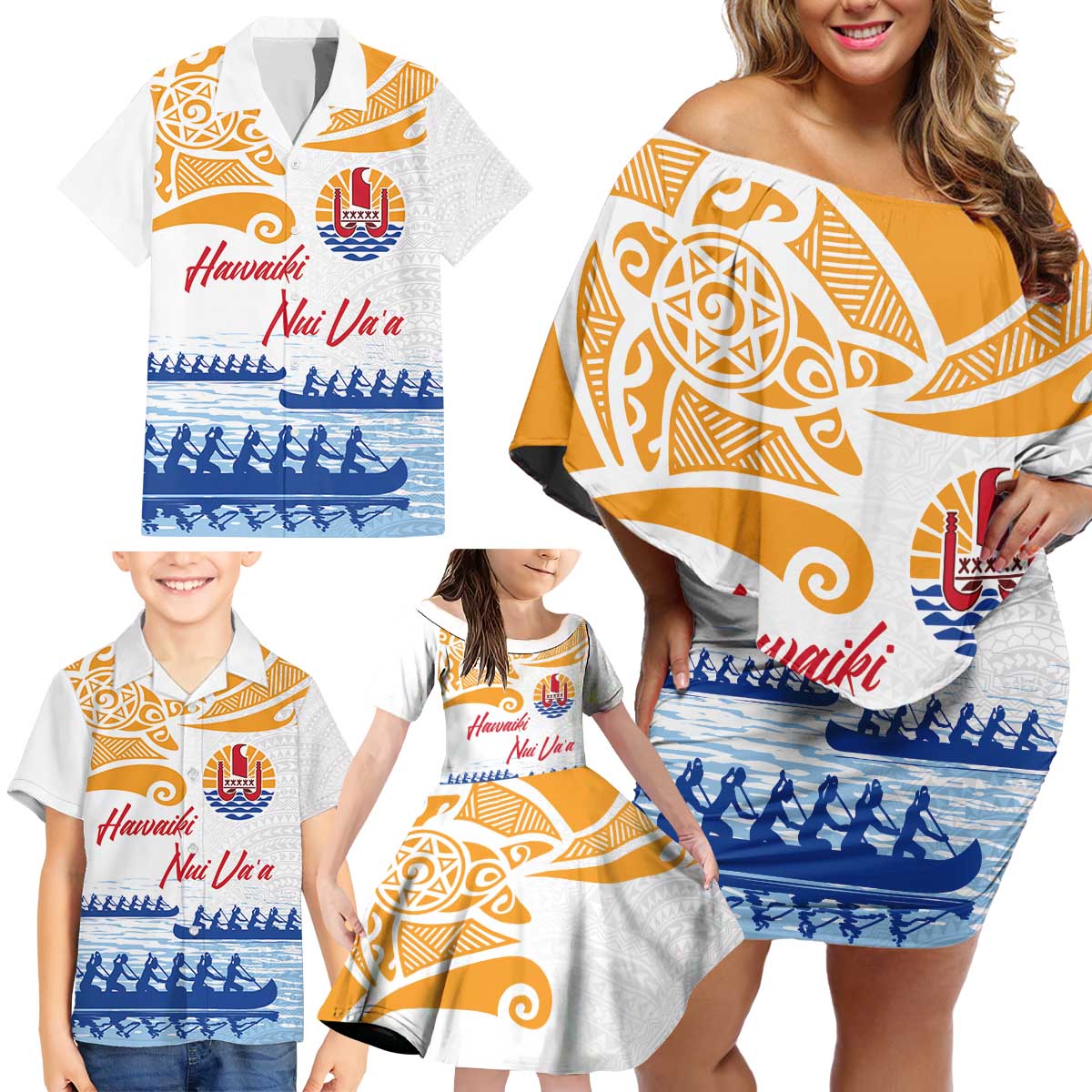 Personalised Hawaiki Nui Va'a French Polynesian Pattern Family Matching Off Shoulder Short Dress and Hawaiian Shirt White Color LT03 - Polynesian Pride