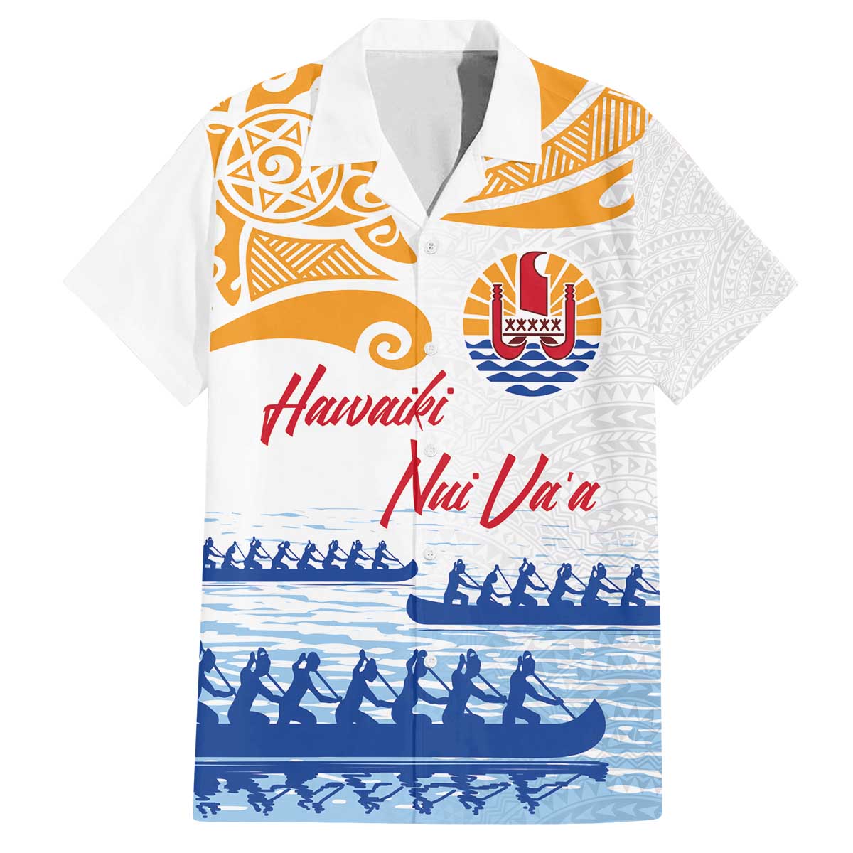 Personalised Hawaiki Nui Va'a French Polynesian Pattern Family Matching Off Shoulder Short Dress and Hawaiian Shirt White Color LT03 Dad's Shirt - Short Sleeve White - Polynesian Pride
