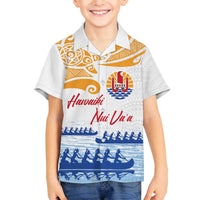 Personalised Hawaiki Nui Va'a French Polynesian Pattern Family Matching Off Shoulder Short Dress and Hawaiian Shirt White Color LT03 Son's Shirt White - Polynesian Pride