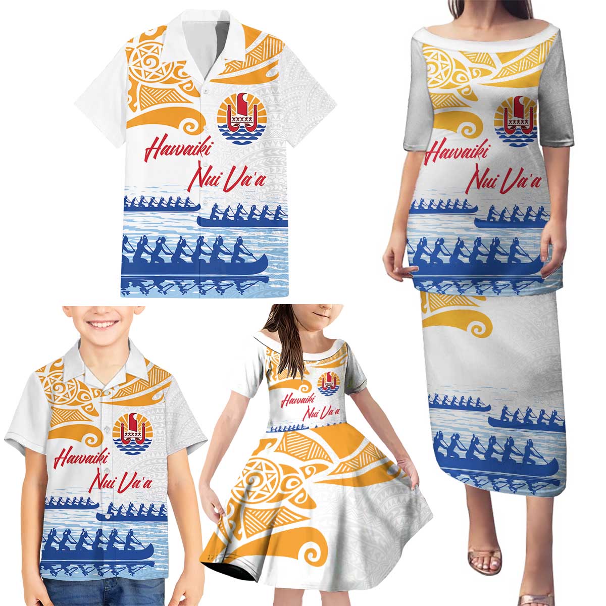 Personalised Hawaiki Nui Va'a French Polynesian Pattern Family Matching Puletasi and Hawaiian Shirt White Color