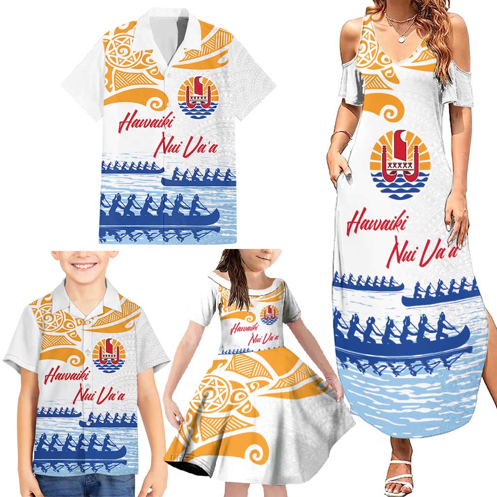 Personalised Hawaiki Nui Va'a French Polynesian Pattern Family Matching Summer Maxi Dress and Hawaiian Shirt White Color