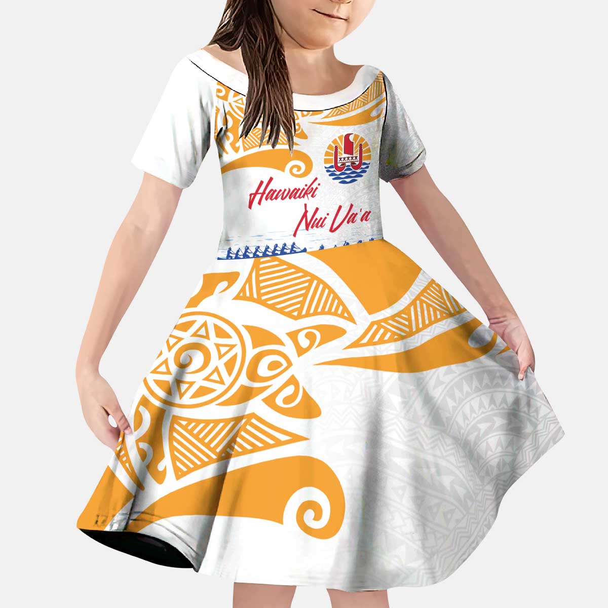 Personalised Hawaiki Nui Va'a French Polynesian Pattern Kid Short Sleeve Dress White Color