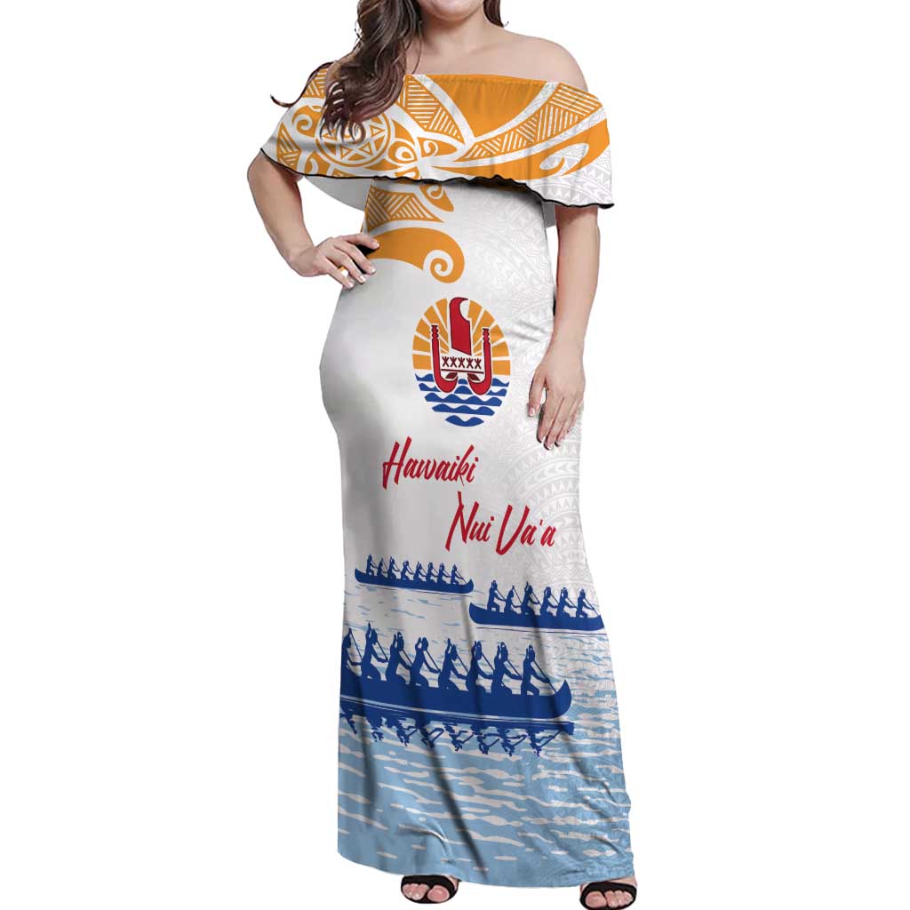 Personalised Hawaiki Nui Va'a French Polynesian Pattern Off Shoulder Maxi Dress White Color LT03 Women White - Polynesian Pride