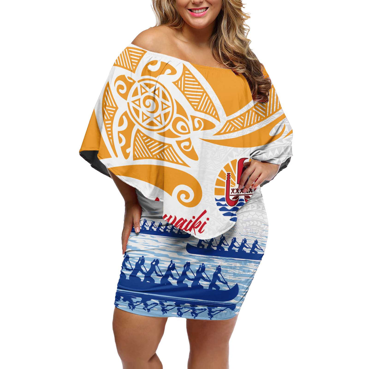 Personalised Hawaiki Nui Va'a French Polynesian Pattern Off Shoulder Short Dress White Color LT03 Women White - Polynesian Pride