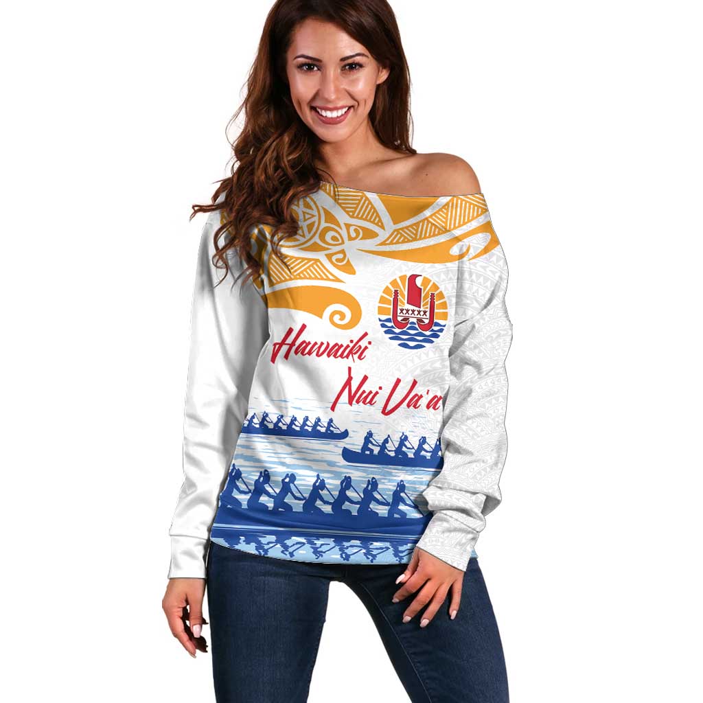 Personalised Hawaiki Nui Va'a French Polynesian Pattern Off Shoulder Sweater White Color