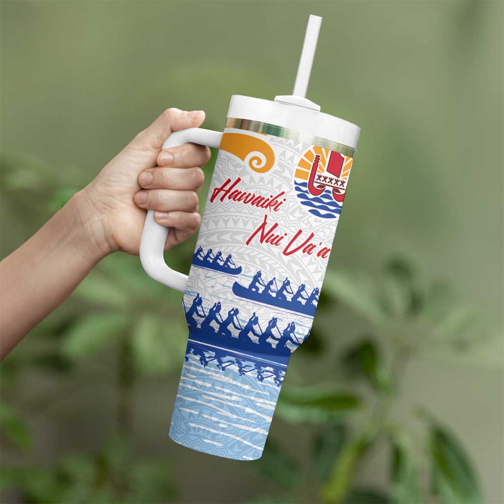 Personalised Hawaiki Nui Va'a French Polynesian Pattern Tumbler With Handle White Color LT03 - Polynesian Pride