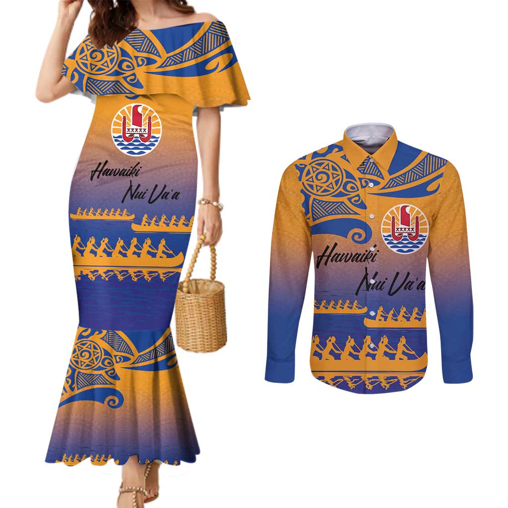 Personalised Hawaiki Nui Va'a French Polynesian Pattern Couples Matching Mermaid Dress and Long Sleeve Button Shirt Sunset Color