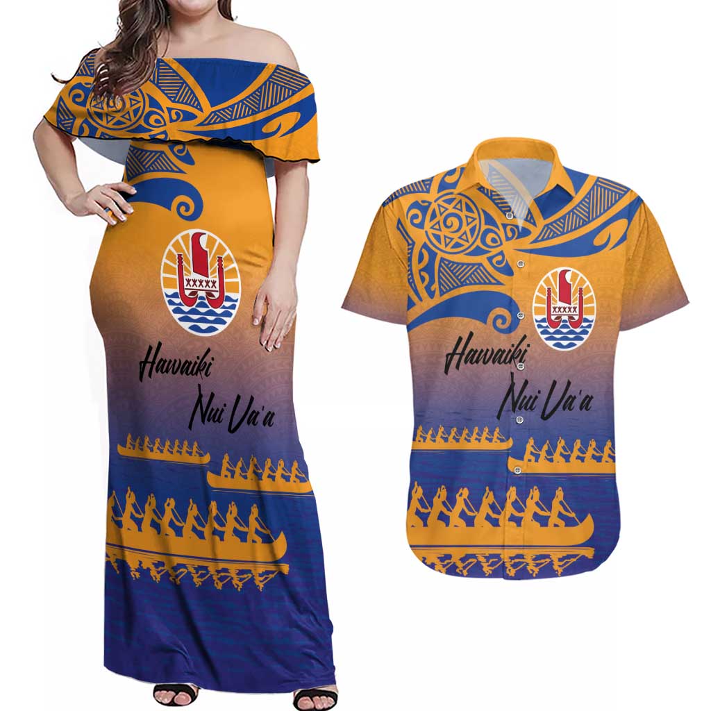 Personalised Hawaiki Nui Va'a French Polynesian Pattern Couples Matching Off Shoulder Maxi Dress and Hawaiian Shirt Sunset Color