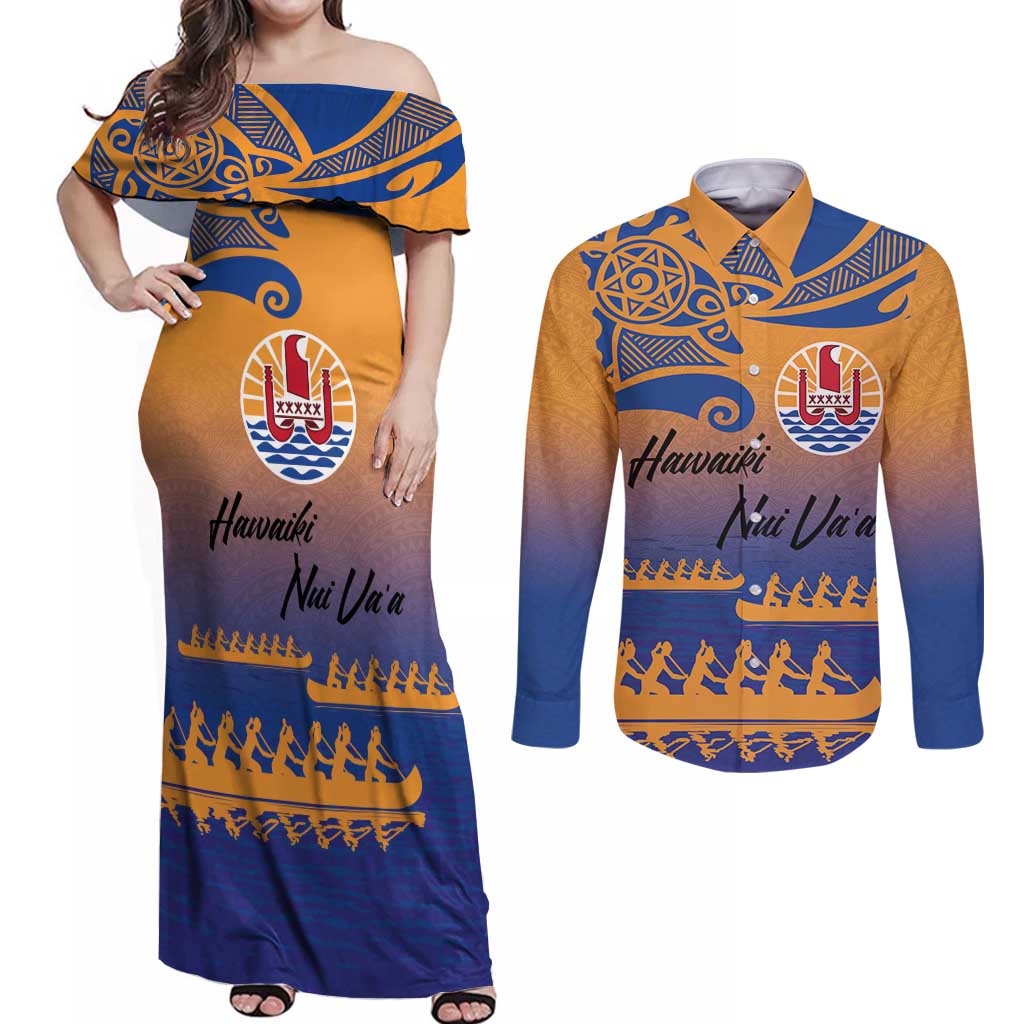 Personalised Hawaiki Nui Va'a French Polynesian Pattern Couples Matching Off Shoulder Maxi Dress and Long Sleeve Button Shirt Sunset Color LT03 Yellow - Polynesian Pride