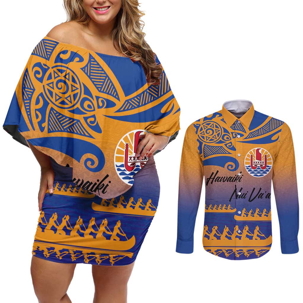 Personalised Hawaiki Nui Va'a French Polynesian Pattern Couples Matching Off Shoulder Short Dress and Long Sleeve Button Shirt Sunset Color