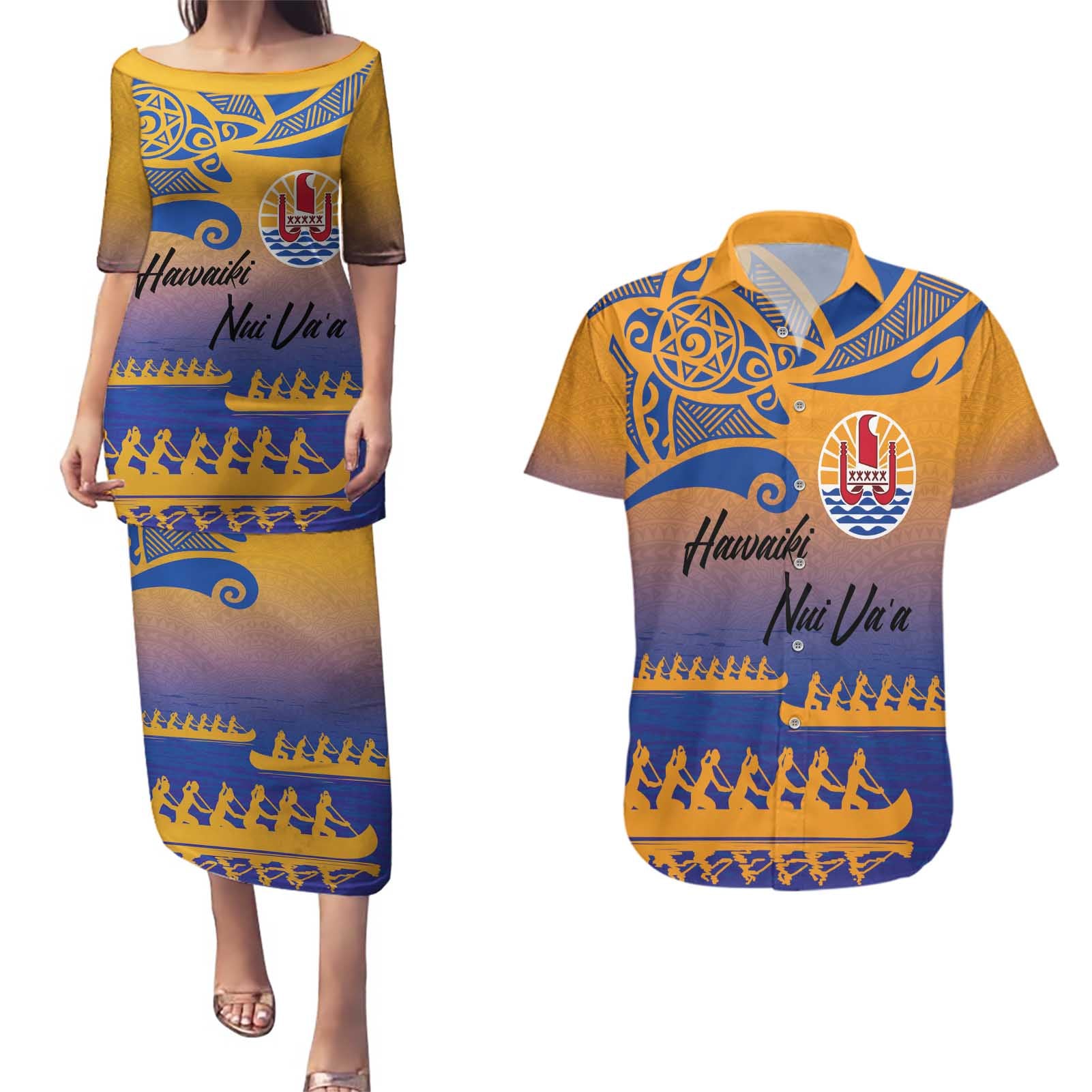 Personalised Hawaiki Nui Va'a French Polynesian Pattern Couples Matching Puletasi and Hawaiian Shirt Sunset Color