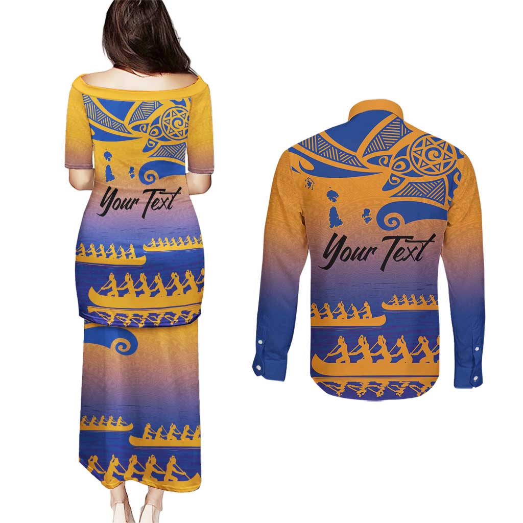 Personalised Hawaiki Nui Va'a French Polynesian Pattern Couples Matching Puletasi and Long Sleeve Button Shirt Sunset Color LT03 - Polynesian Pride