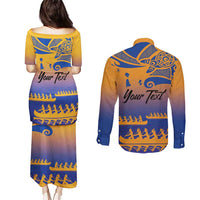 Personalised Hawaiki Nui Va'a French Polynesian Pattern Couples Matching Puletasi and Long Sleeve Button Shirt Sunset Color LT03 - Polynesian Pride