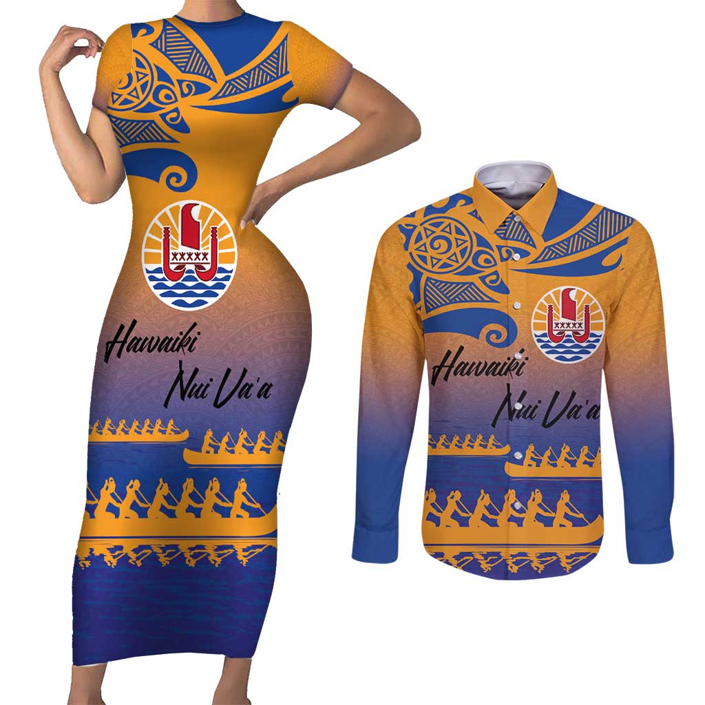 Personalised Hawaiki Nui Va'a French Polynesian Pattern Couples Matching Short Sleeve Bodycon Dress and Long Sleeve Button Shirt Sunset Color LT03 Yellow - Polynesian Pride