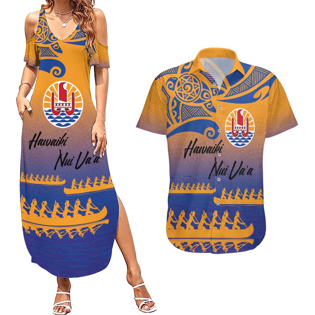 Personalised Hawaiki Nui Va'a French Polynesian Pattern Couples Matching Summer Maxi Dress and Hawaiian Shirt Sunset Color