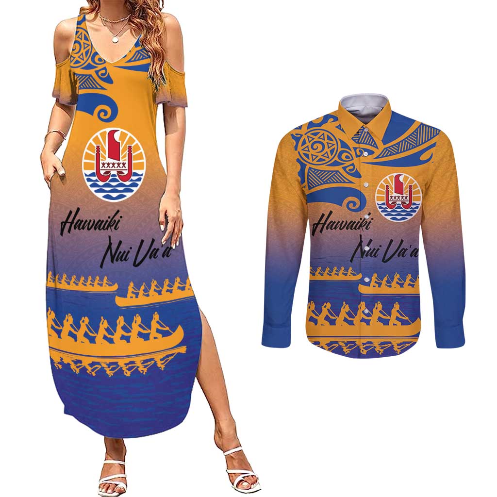 Personalised Hawaiki Nui Va'a French Polynesian Pattern Couples Matching Summer Maxi Dress and Long Sleeve Button Shirt Sunset Color