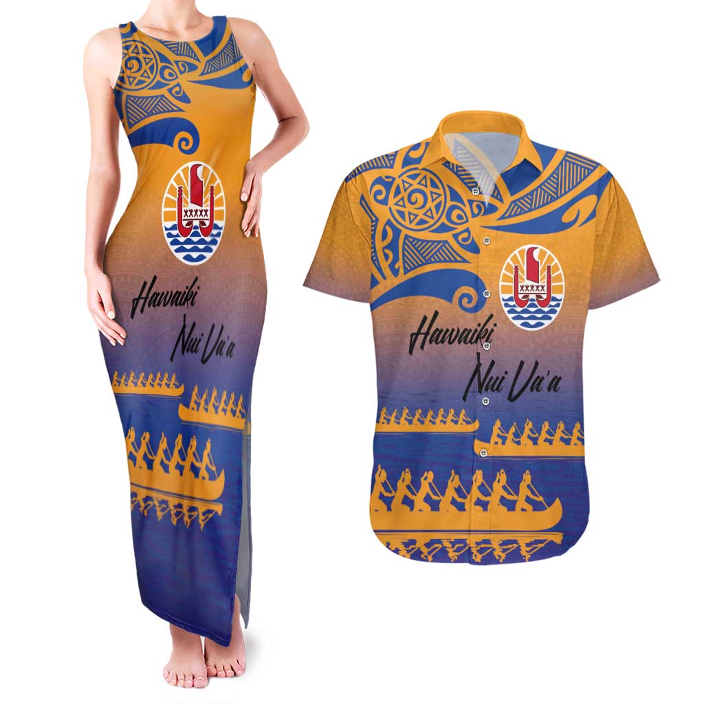 Personalised Hawaiki Nui Va'a French Polynesian Pattern Couples Matching Tank Maxi Dress and Hawaiian Shirt Sunset Color