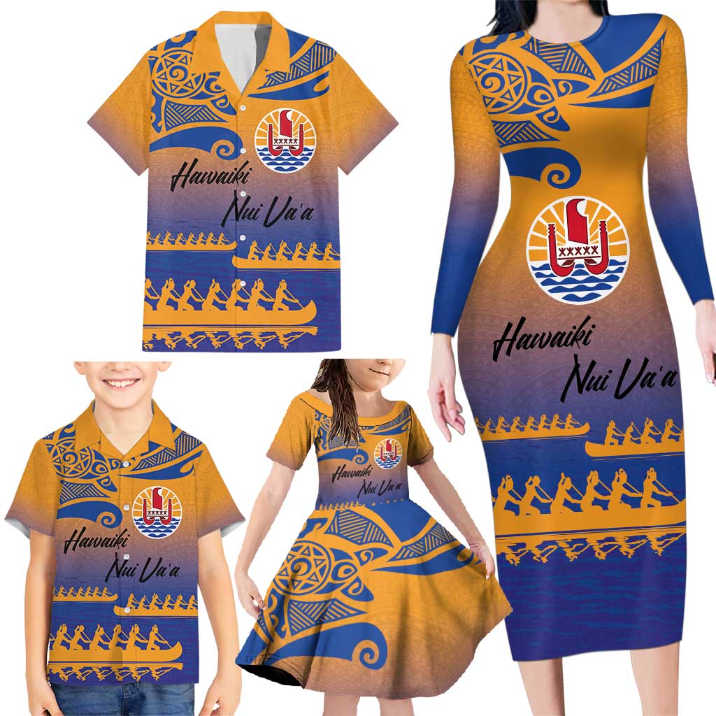 Personalised Hawaiki Nui Va'a French Polynesian Pattern Family Matching Long Sleeve Bodycon Dress and Hawaiian Shirt Sunset Color