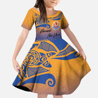 Personalised Hawaiki Nui Va'a French Polynesian Pattern Family Matching Mermaid Dress and Hawaiian Shirt Sunset Color LT03 Daughter's Dress Yellow - Polynesian Pride