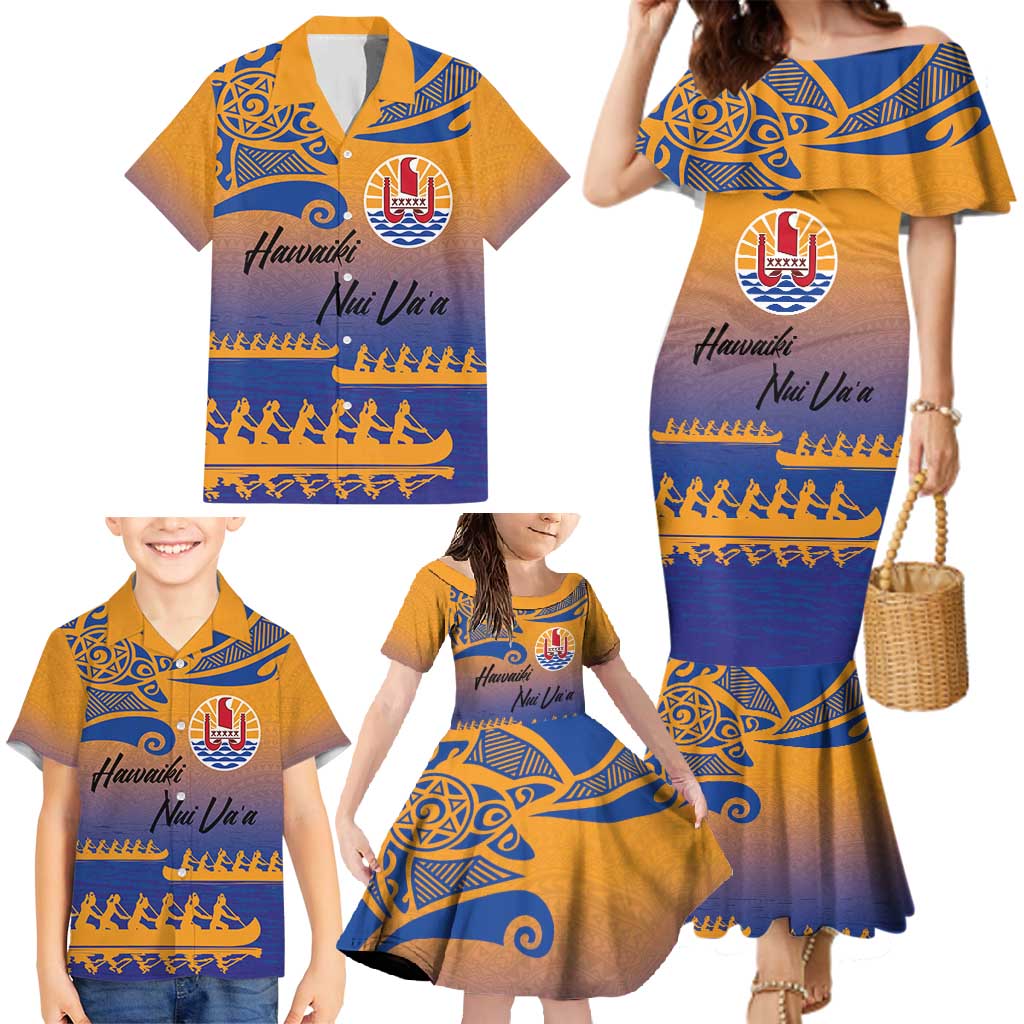 Personalised Hawaiki Nui Va'a French Polynesian Pattern Family Matching Mermaid Dress and Hawaiian Shirt Sunset Color