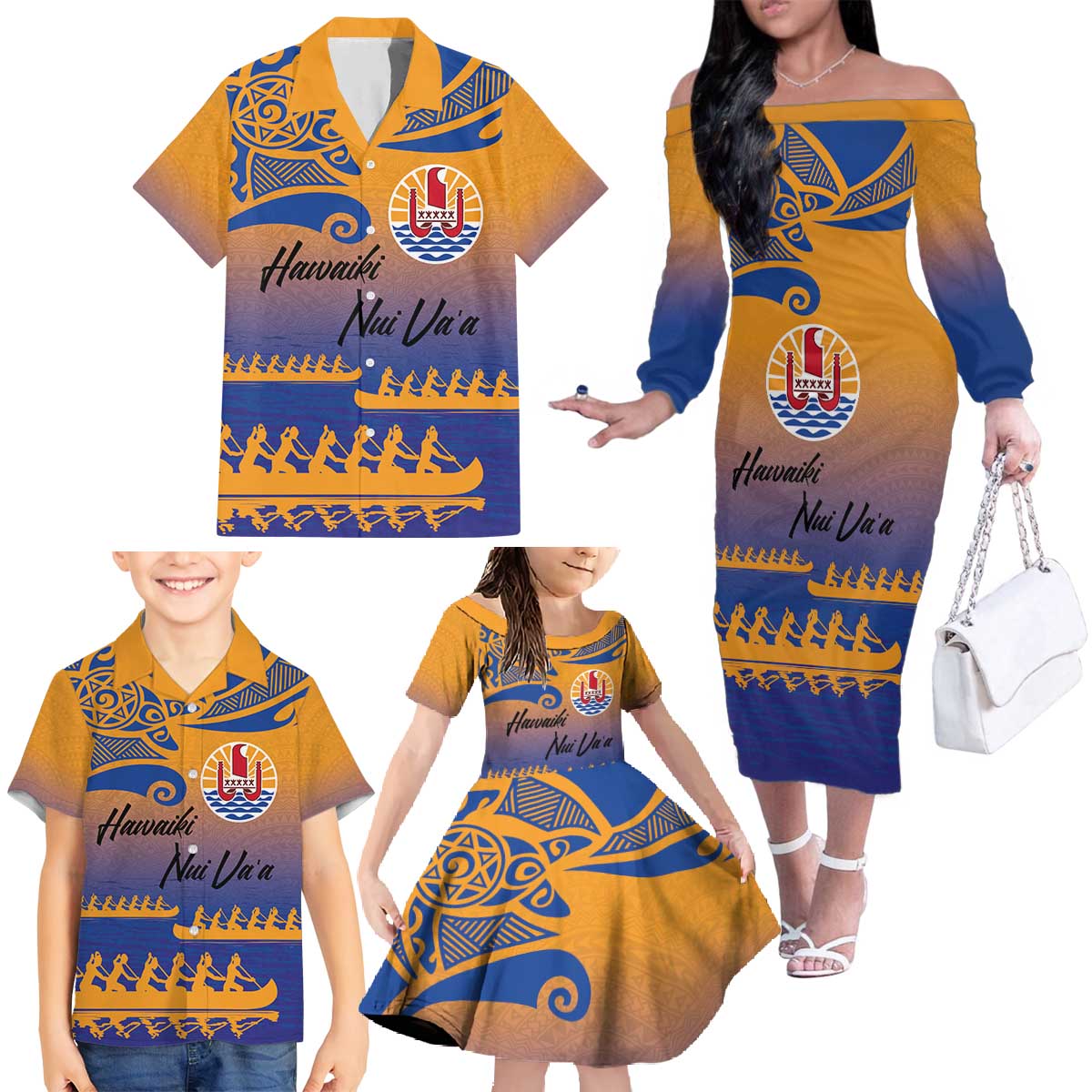 Personalised Hawaiki Nui Va'a French Polynesian Pattern Family Matching Off The Shoulder Long Sleeve Dress and Hawaiian Shirt Sunset Color