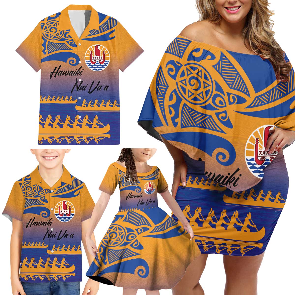 Personalised Hawaiki Nui Va'a French Polynesian Pattern Family Matching Off Shoulder Short Dress and Hawaiian Shirt Sunset Color