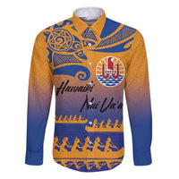 Personalised Hawaiki Nui Va'a French Polynesian Pattern Family Matching Puletasi and Hawaiian Shirt Sunset Color LT03 Dad's Shirt - Long Sleeve Yellow - Polynesian Pride
