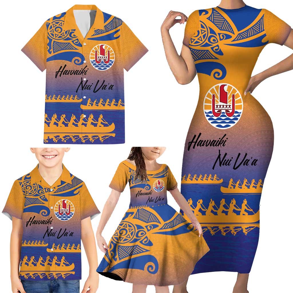 Personalised Hawaiki Nui Va'a French Polynesian Pattern Family Matching Short Sleeve Bodycon Dress and Hawaiian Shirt Sunset Color