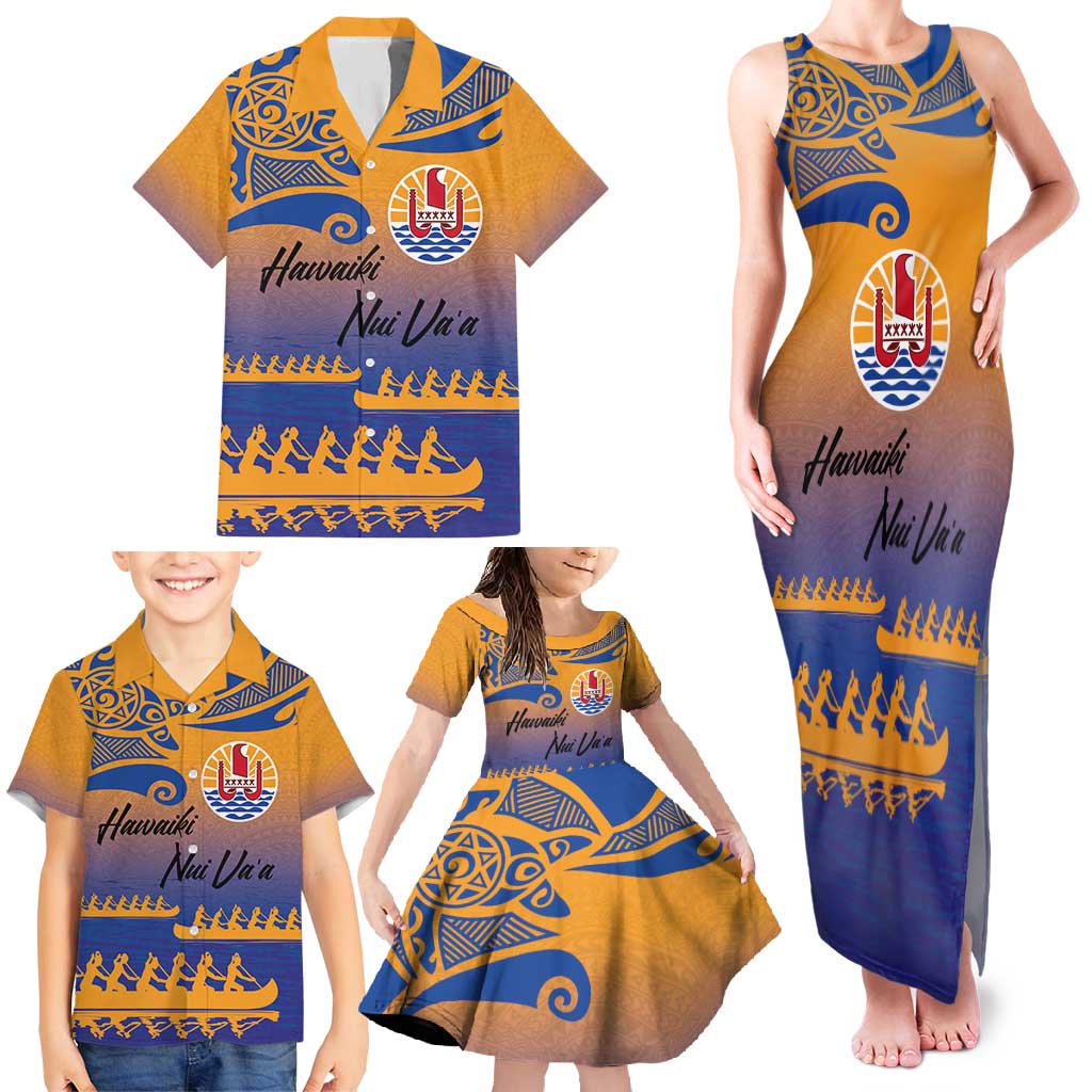 Personalised Hawaiki Nui Va'a French Polynesian Pattern Family Matching Tank Maxi Dress and Hawaiian Shirt Sunset Color