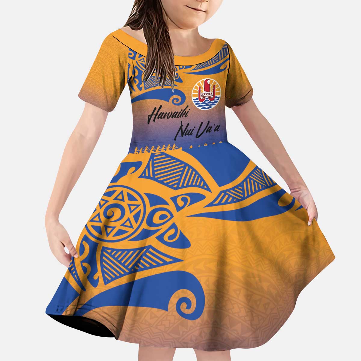 Personalised Hawaiki Nui Va'a French Polynesian Pattern Kid Short Sleeve Dress Sunset Color