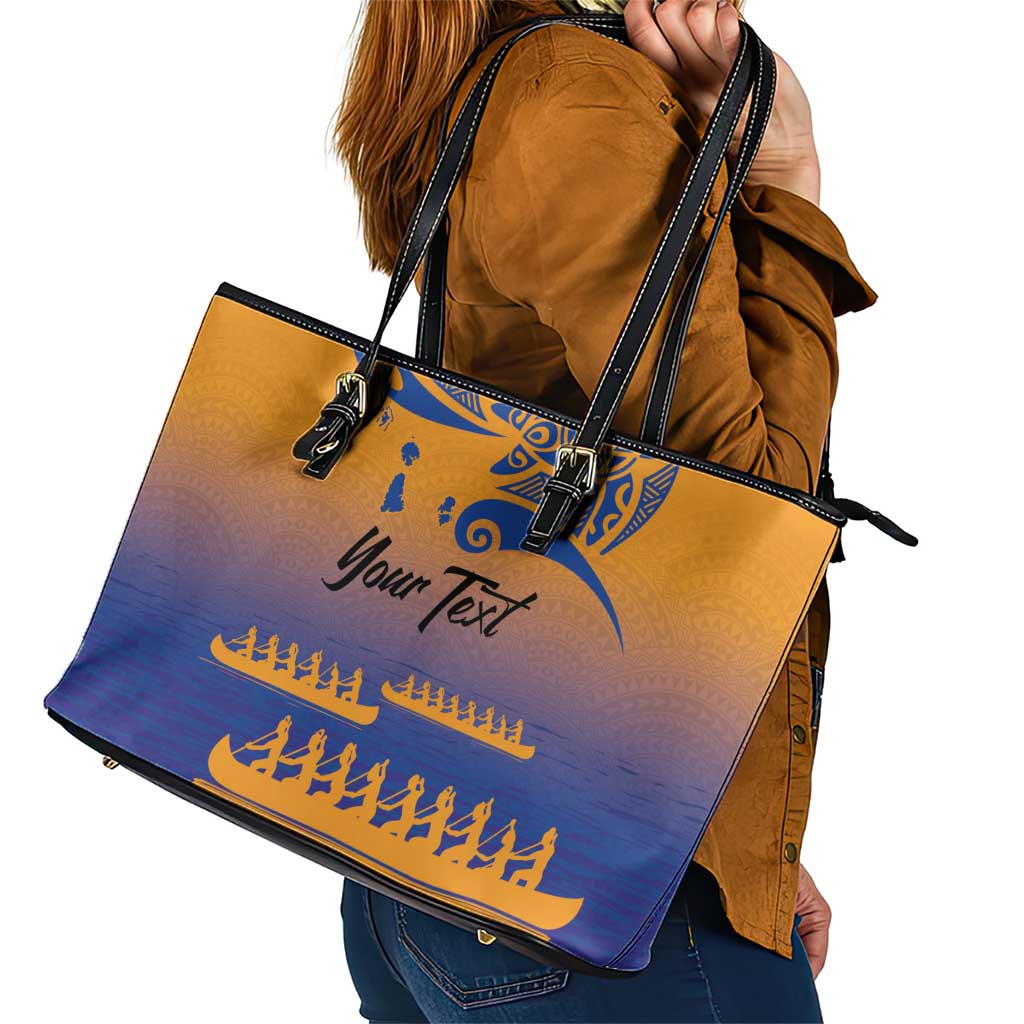 Personalised Hawaiki Nui Va'a French Polynesian Pattern Leather Tote Bag Sunset Color LT03 - Polynesian Pride