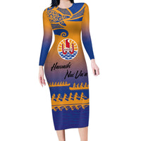 Personalised Hawaiki Nui Va'a French Polynesian Pattern Long Sleeve Bodycon Dress Sunset Color