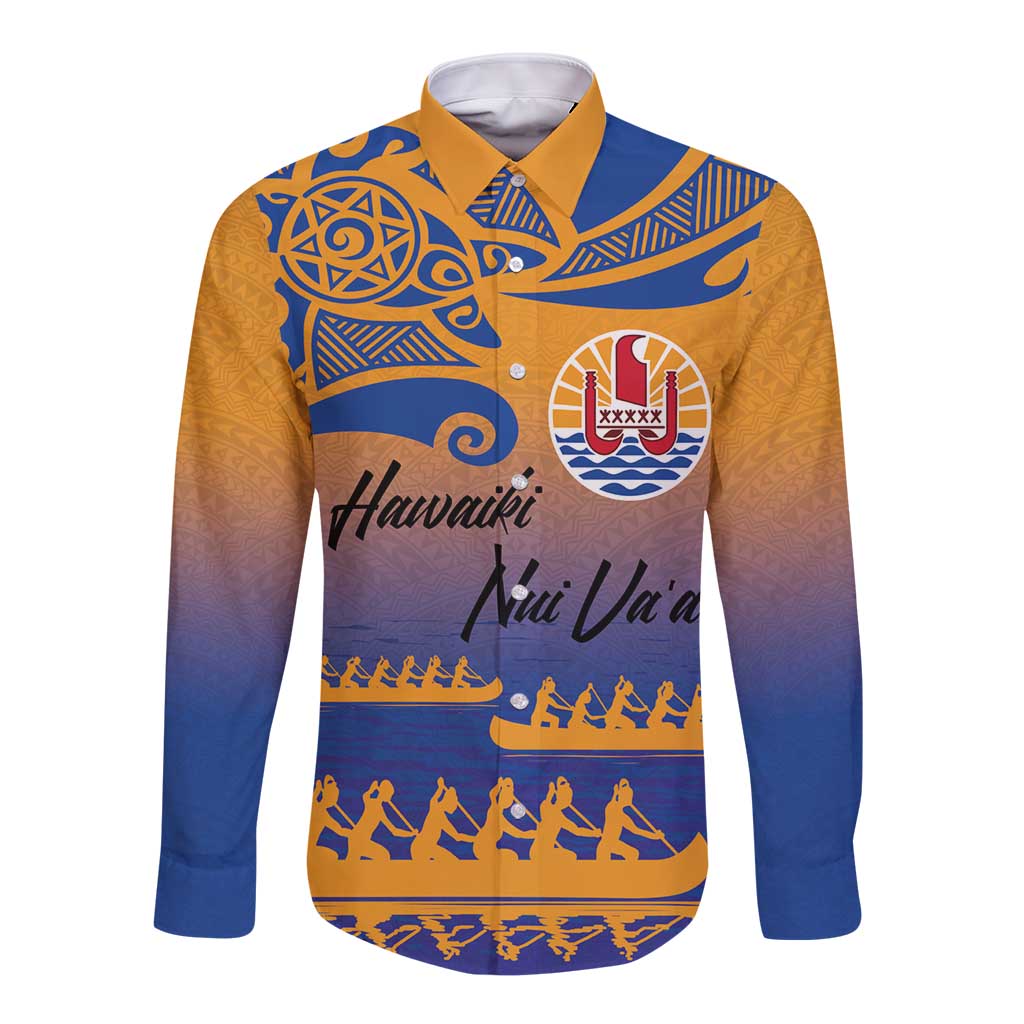 Personalised Hawaiki Nui Va'a French Polynesian Pattern Long Sleeve Button Shirt Sunset Color