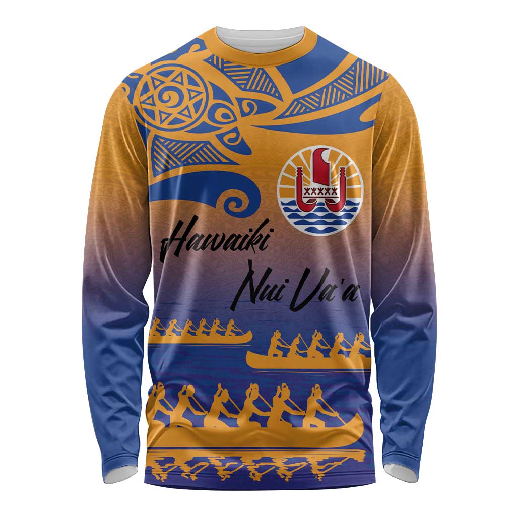 Personalised Hawaiki Nui Va'a French Polynesian Pattern Long Sleeve Shirt Sunset Color