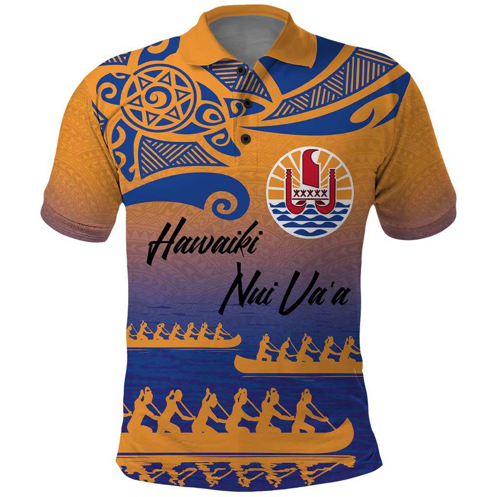 Personalised Hawaiki Nui Va'a French Polynesian Pattern Polo Shirt Sunset Color