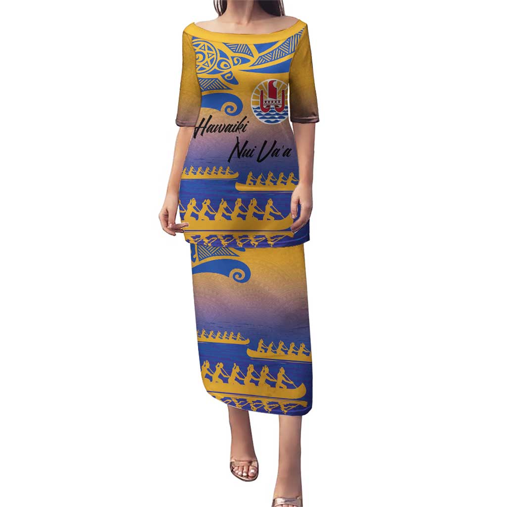 Personalised Hawaiki Nui Va'a French Polynesian Pattern Puletasi Sunset Color LT03 Long Dress Yellow - Polynesian Pride