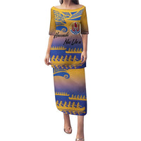 Personalised Hawaiki Nui Va'a French Polynesian Pattern Puletasi Sunset Color LT03 Long Dress Yellow - Polynesian Pride