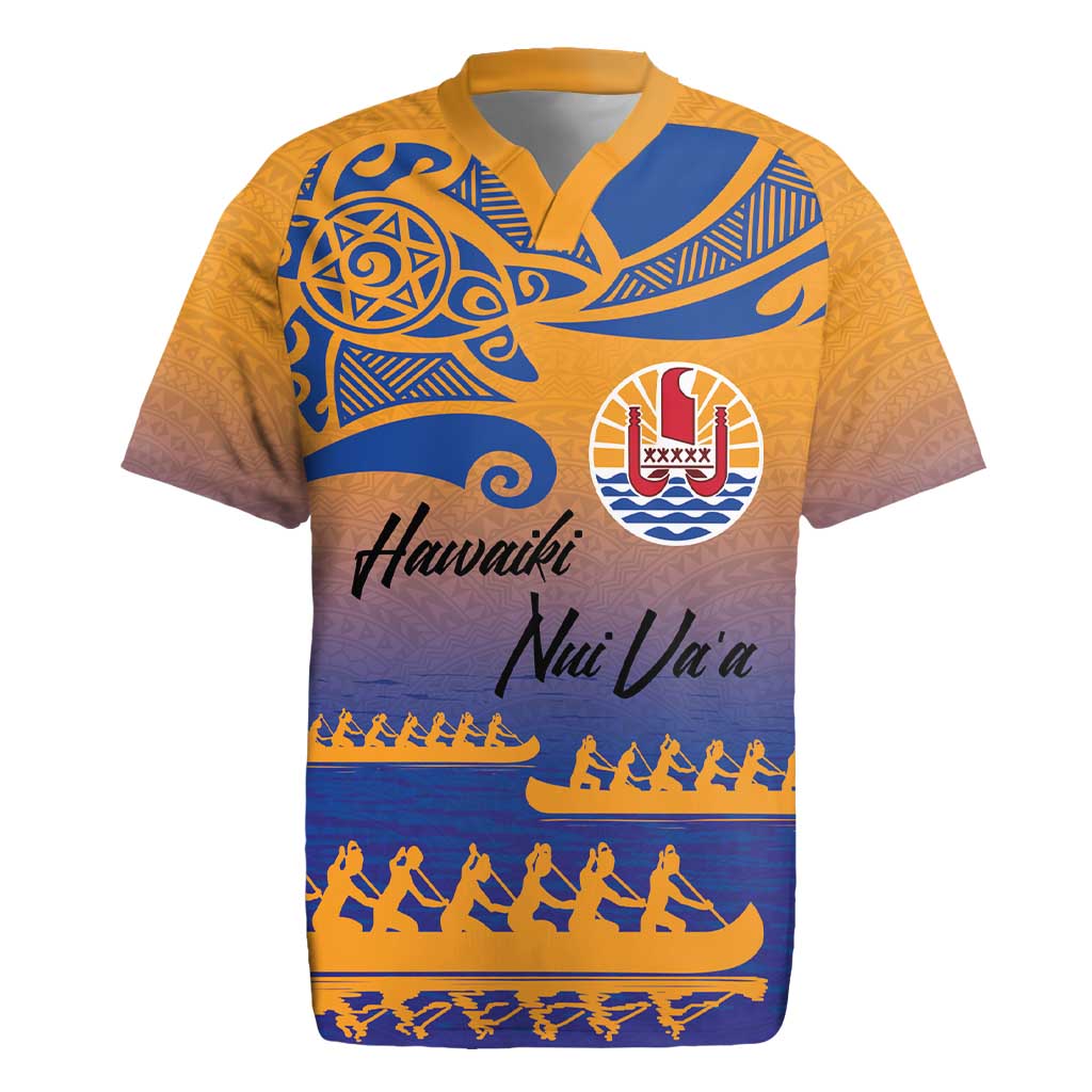 Personalised Hawaiki Nui Va'a French Polynesian Pattern Rugby Jersey Sunset Color