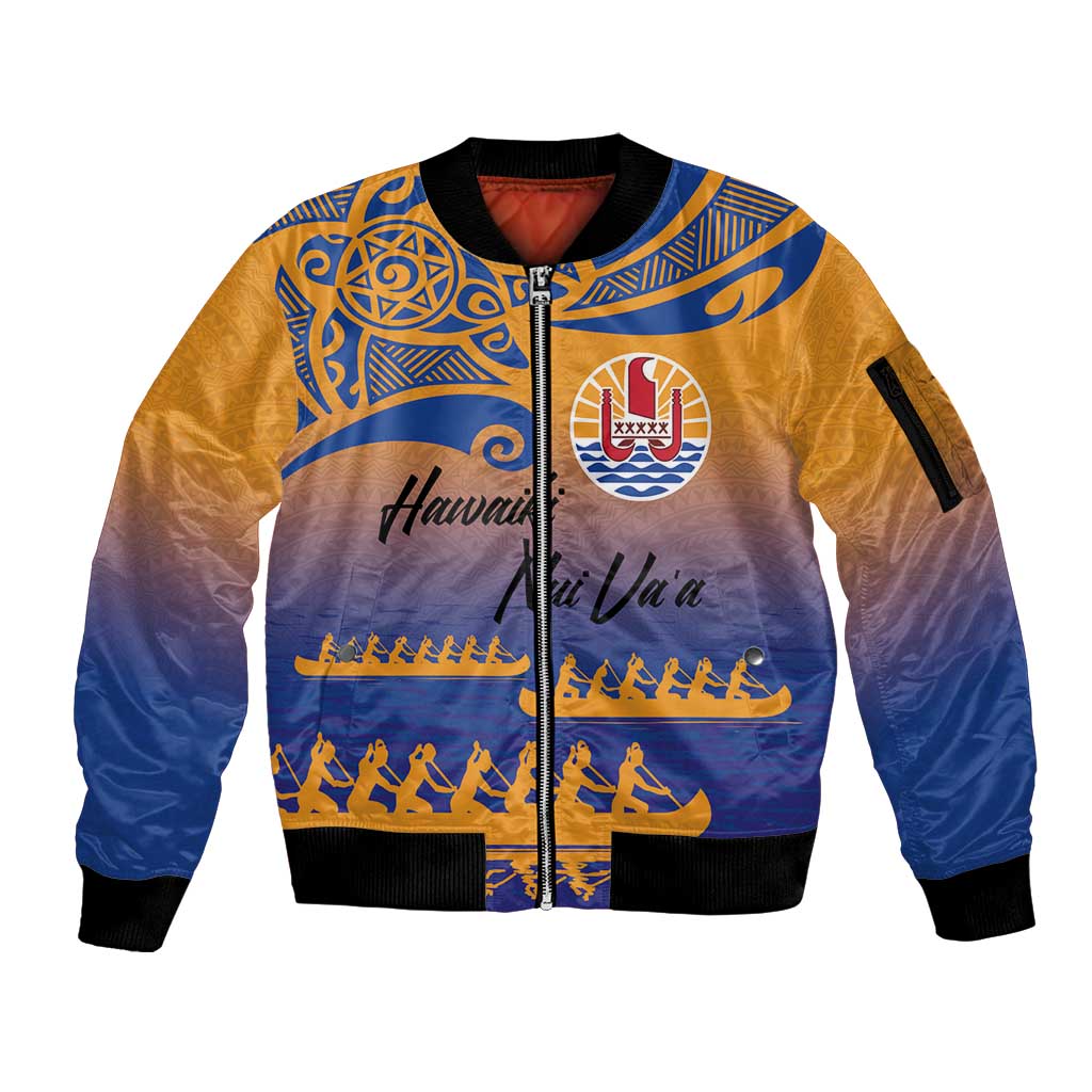 Personalised Hawaiki Nui Va'a French Polynesian Pattern Sleeve Zip Bomber Jacket Sunset Color