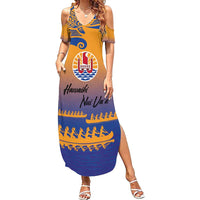 Personalised Hawaiki Nui Va'a French Polynesian Pattern Summer Maxi Dress Sunset Color LT03 Women Yellow - Polynesian Pride