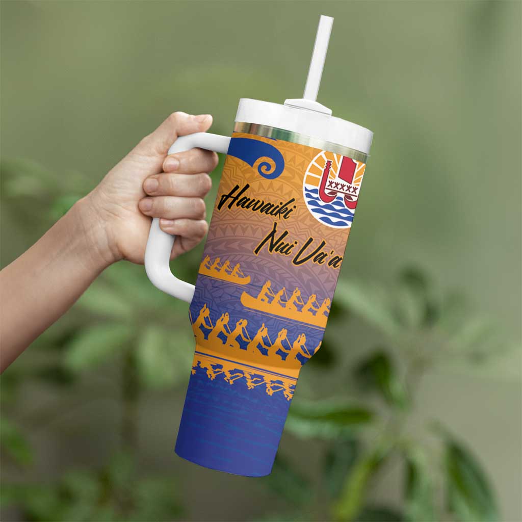 Personalised Hawaiki Nui Va'a French Polynesian Pattern Tumbler With Handle Sunset Color LT03 - Polynesian Pride