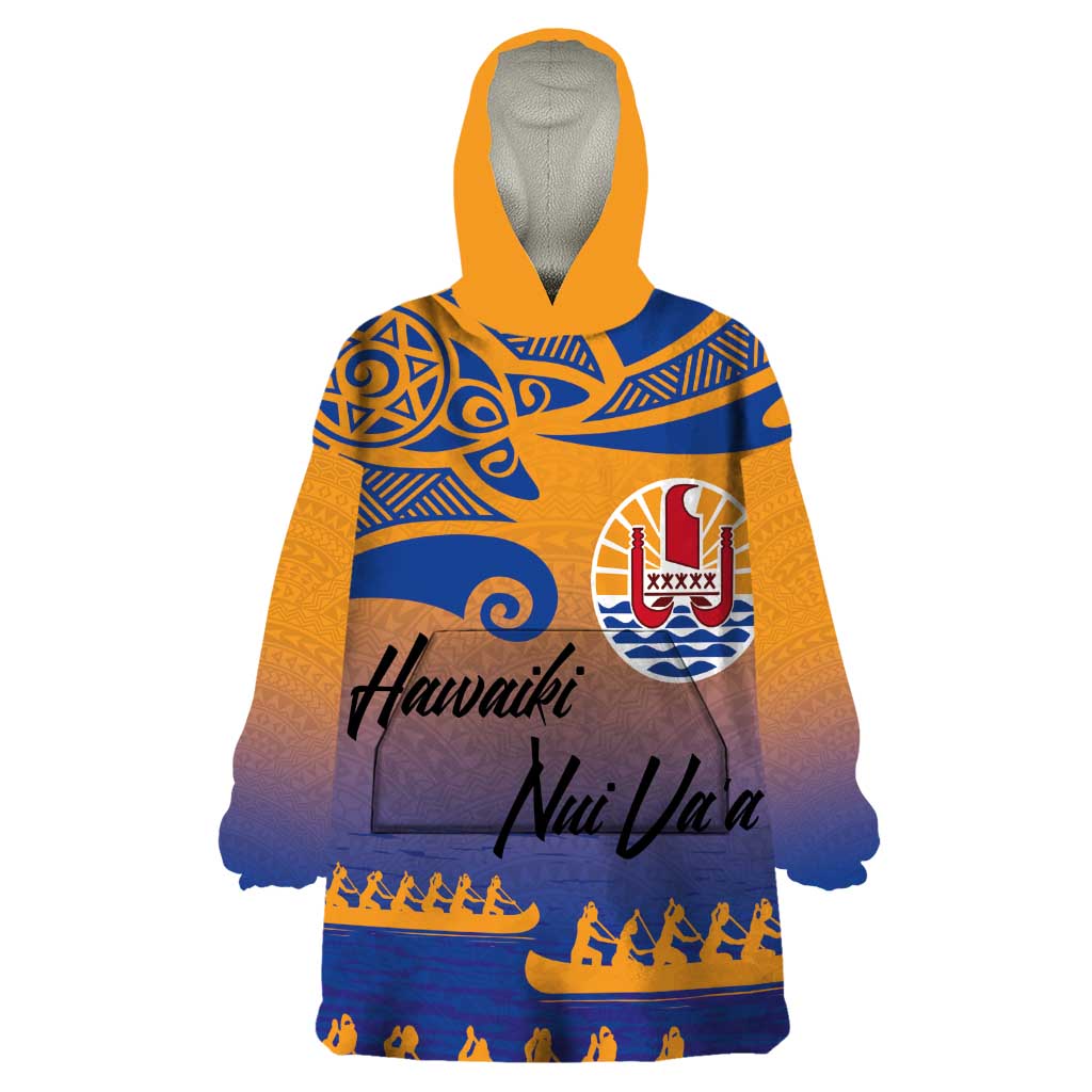 Personalised Hawaiki Nui Va'a French Polynesian Pattern Wearable Blanket Hoodie Sunset Color LT03 One Size Yellow - Polynesian Pride