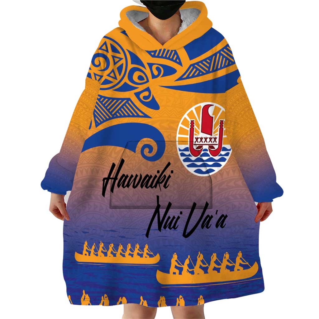 Personalised Hawaiki Nui Va'a French Polynesian Pattern Wearable Blanket Hoodie Sunset Color LT03 - Polynesian Pride