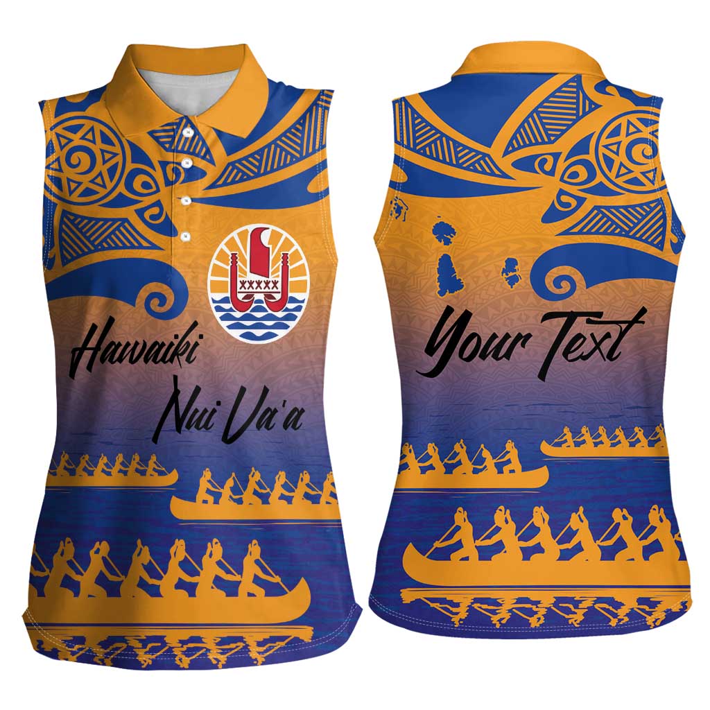 Personalised Hawaiki Nui Va'a French Polynesian Pattern Women Sleeveless Polo Shirt Sunset Color