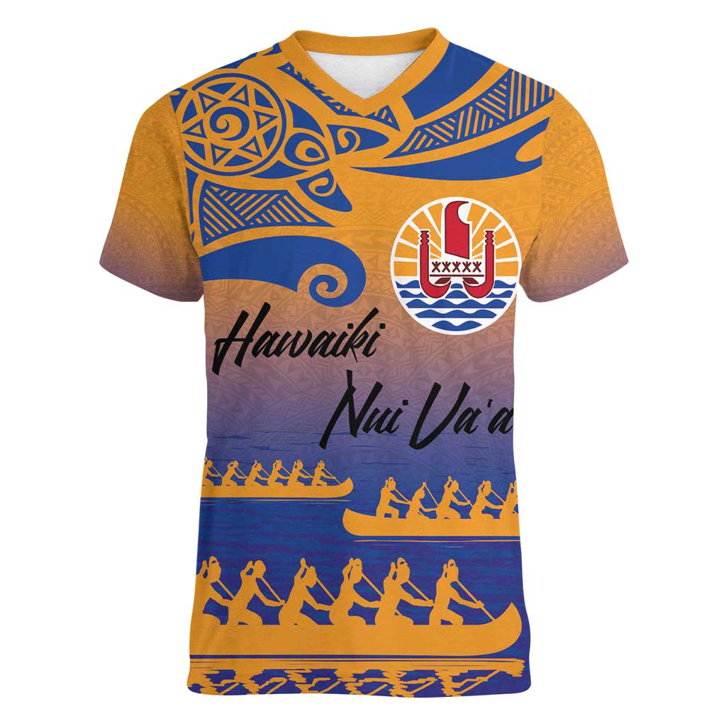 Personalised Hawaiki Nui Va'a French Polynesian Pattern Women V-Neck T-Shirt Sunset Color