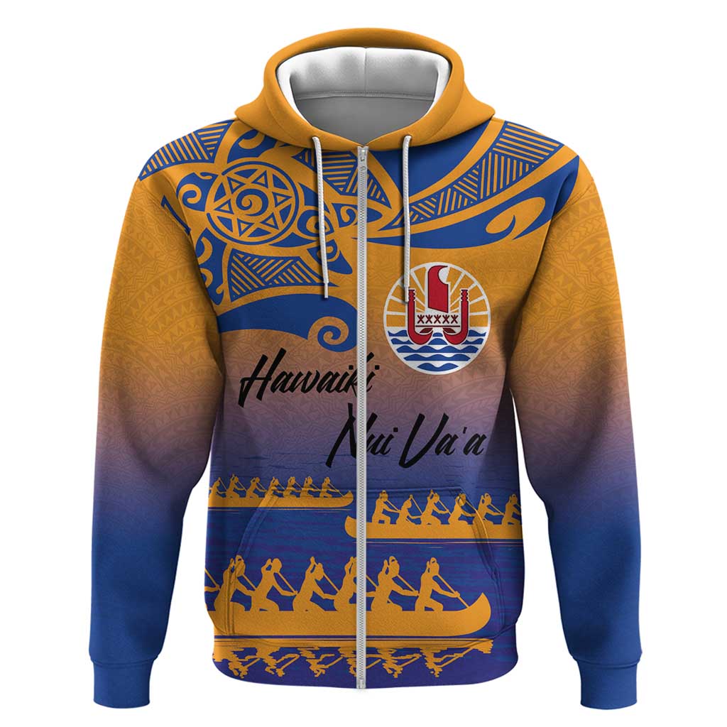 Personalised Hawaiki Nui Va'a French Polynesian Pattern Zip Hoodie Sunset Color