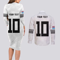 Custom Rugby Fiji Couples Matching Long Sleeve Bodycon Dress and Long Sleeve Button Shirt Fijian Masi Tribal Sporty Style White Color - Polynesian Pride